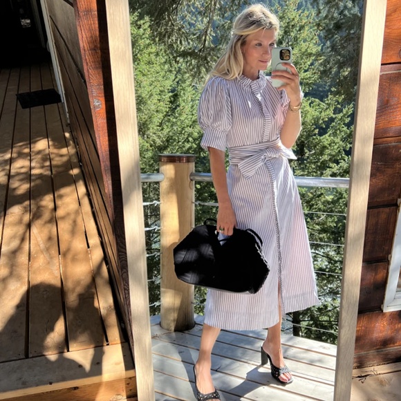 NEW NWT BURU Puff Sleeve Day Gown Dress, Midi Length, Grey Poplin Stripe, XS - Picture 5 of 5